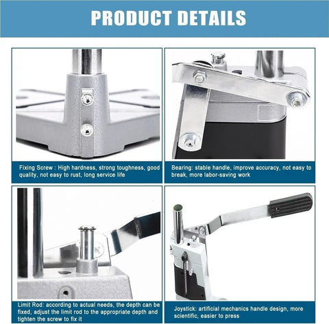 Close-up of Portable Floor Drill Press Stand With Aluminum Alloy Frame And Large Anti-Shake Base For Hand Tools Repair features, screws and joystick.