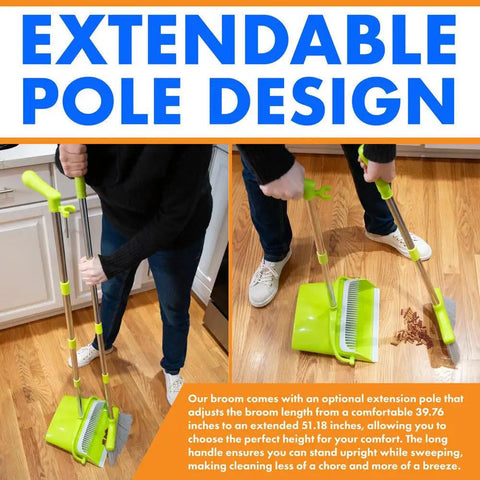 Kickass Heavy Duty Broom And Dustpan Combo Set With Long Commercial Handle For Lobby Kitchen Floor Sweep Up Solid Upright Grip Brush For Quick Interior Clean Up In Green, showing extendable pole design.