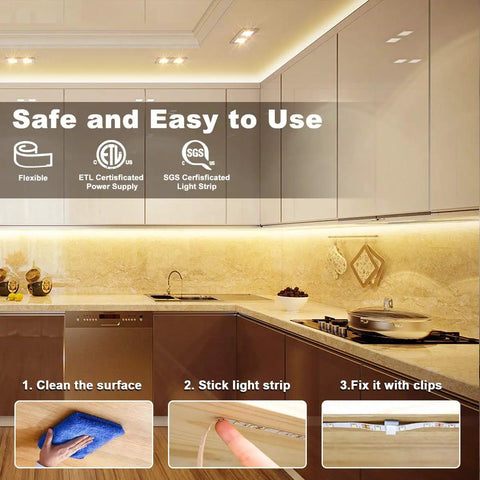 Warm White LED Strip Lights 50.5 Ft Dope Dimmable With RF Remote Control 24V Plug In Adhesive Rope Lights installation in kitchen