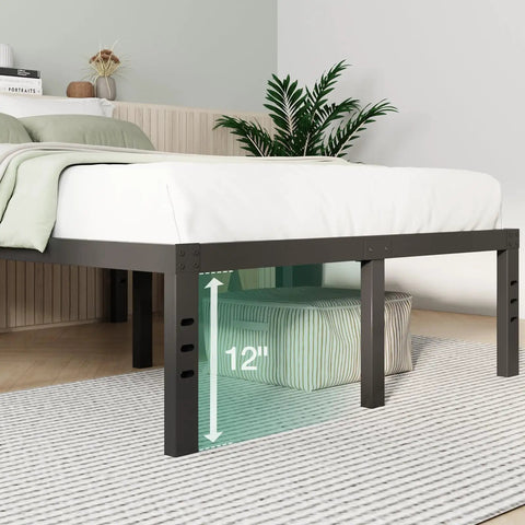 Queen Size Metal Platform Bed Frame With Under Bed Storage Heavy Duty Steel Slat Support Rock Solid Stand showing 12" under bed clearance.