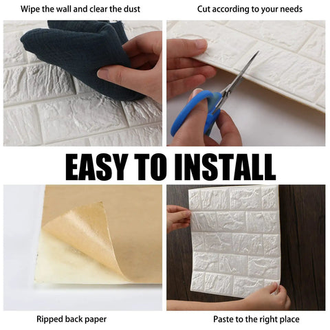 30 Piece 3D White Brick Peel And Stick Foam Wall Panels For A Quick Home Flip Featuring No Fuss Renter Friendly Install showing installation steps.