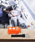 2 Way Push Button Switch Rainproof Hoist Pendant Controller for Outdoor Cranes, Rugged Weatherproof Industrial Switch With Rubber Sleeve, AC 500V 2A Capacity, Beefy Heavy Duty, Easy Setup, Orange Red Device, orange two-button pendant switch with rubber sleeve and mounting parts