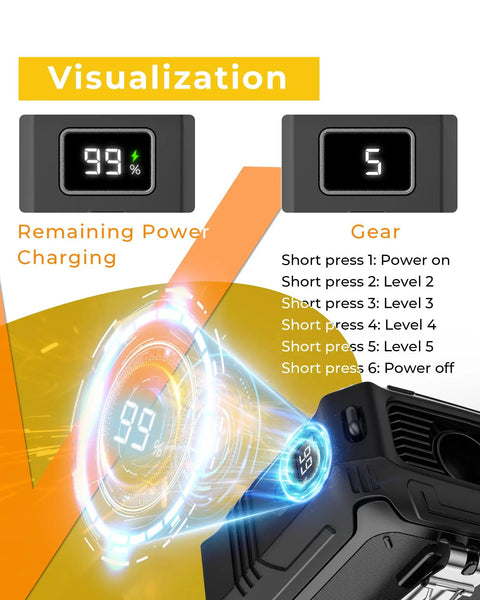 All In One Portable Fan With Five Speed Settings And 8000mAh Battery charging indicator and control buttons display