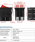 Heavy Duty Double Rocker DPST On Off 6 Pin Power Switch With Red Indicator Light For Industrial Equipment 16A 250V AC Panel Cutout 29x22mm UL VDE Certified Pack Of 2, dimensioned front and side views