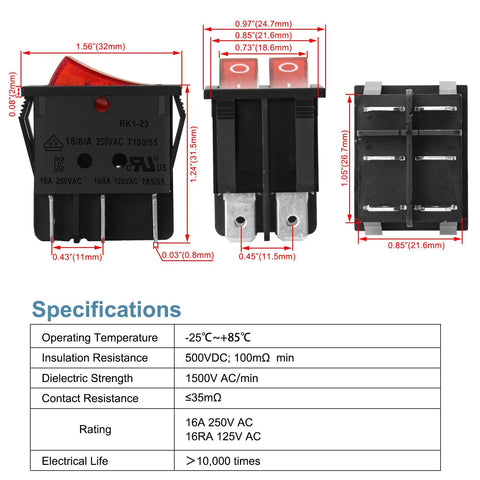 Heavy Duty Double Rocker DPST On Off 6 Pin Power Switch With Red Indicator Light For Industrial Equipment 16A 250V AC Panel Cutout 29x22mm UL VDE Certified Pack Of 2, dimensioned front and side views