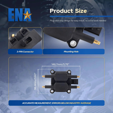 Ignition Coil Pack For Dodge Ram And Viper 8.0L/8.3L V10, size details, showing 3-pin connector and mounting hole display