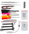 Pro Grade Overlock Sewing Machine Maintenance Tool Kit With Storage Box, 14 Essential Tools, including tweezers and hex wrenches.