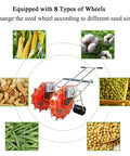 Hand Push Garden Seeder With Roller Seeders, Double Seed Action For Efficiency, 8 Seed Wheels displayed with various crops