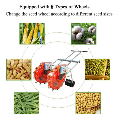 Hand Push Garden Seeder With Roller Seeders, Double Seed Action For Efficiency, 8 Seed Wheels displayed with various crops