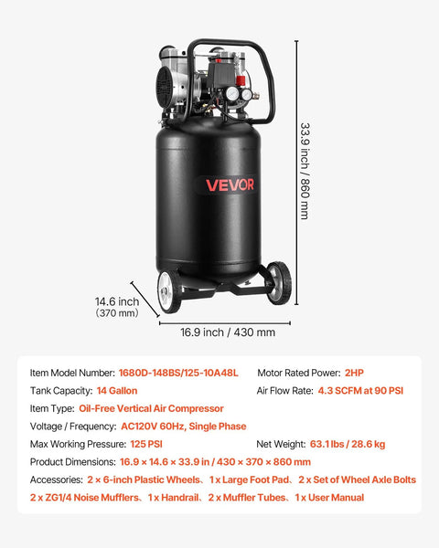 Vevor 14 Gallon Air Compressor, 2HP Oil-Free Portable Unit With Wheels. Boasts 125PSI Max Pressure And 4.3 SCFM Flow Rate. Perfect For Auto Repair, Tire Inflation, Spray Painting, Woodworking, And Home Garage Projects. Durable Design For Steady Power