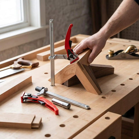 Heavy Duty Bench Dog Clamp Set for 25 by 32 Inch Dog Holes Quick Ratchet Woodworking Clamps in CRV Steel in action on workbench