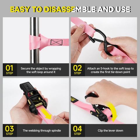 Instruction steps showing how to use the 4 Pack Ratchet Tie Down Straps Kit 1 Inch By 16 Feet With 2400 Lb Break Strength Pink.