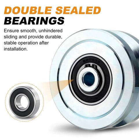 Heavy Duty 4 Inch V Groove Gate Wheels 3000 Lbs Load Capacity Solid Steel Sliding Pivot Caster Galvanized Surface Coating with double sealed bearings.
