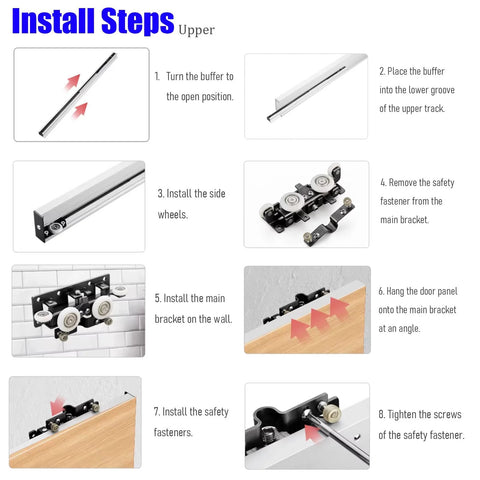 Installation steps for Concealed Wall Mount Sliding Barn Door Hardware Kit With Soft Close Mechanism Trackless Top Rail No Floor Track Modern Minimalist Look Durable Aluminum Alloy Fits Opening Width 27.6 to 47.2 Inches Door Not Included 1 Pack
