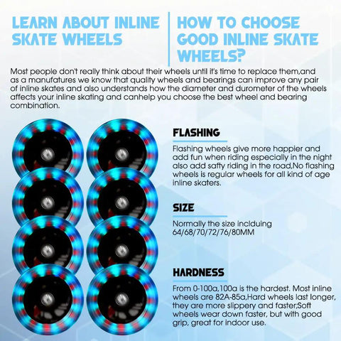 8 Pack Lit Up Inline Skate Wheels 64mm 72mm 76mm 80mm With ABEC 9 Bearings 85A Durometer shown in set of eight with LED glow