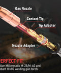 Mig Welding Gun Accessory Kit For Miller Millermatic M25 M40 And Hobart Torch 0.035 Inch Tips Nozzles Diffuser Includes 2 Gas Nozzles 169726 20 Contact Tips 0.035 Inch 2 Tip Adapters 169-728 And 2 Nozzle Adapters 169-7, showing labeled components inside a welding gun torch.