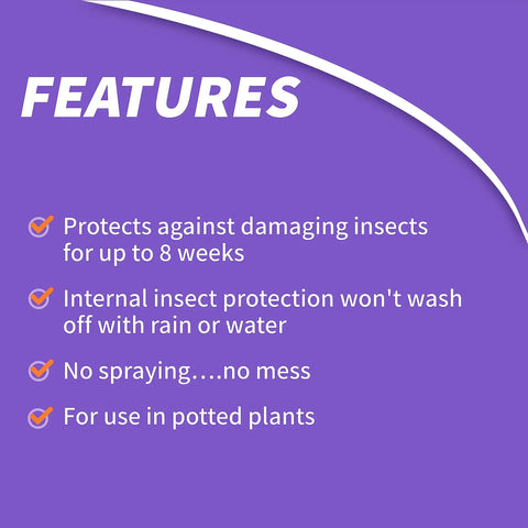 Features list for Insect Control Systemic Granules Ready To Use No Fuss Water Resistant Long Lasting Outdoor Protection.