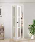 Solid Wood Bifold Closet Doors For 30 By 80 Inch Opening 3 Lite Tempered Frosted Glass Barn Style Folding Door With Hardware Kit MDF Core And Waterproof PVC Surface White Finish