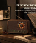 Vintage Wooden AM FM Bluetooth Radio Speaker With 10 Watts Power And Retro Dial on bedside table with warm lighting