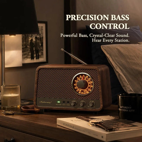 Vintage Wooden AM FM Bluetooth Radio Speaker With 10 Watts Power And Retro Dial on bedside table with warm lighting
