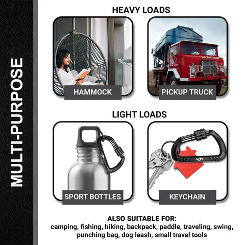 Heavy Duty Carabiner Clips 12kN 2697 Lbs Quick Lock Aluminum 7075 shown with hammock, truck, bottle, keychain use examples.
