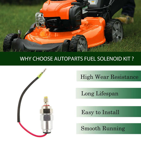 Carburetor Fuel Solenoid Kit Replacement For CV17-25 CV620-740 Engine With Part Numbers 2475722-S 2404120-S 2475515 shown near a lawn mower
