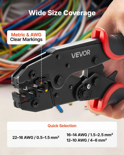 Heavy Duty Ratcheting Wire Crimper Pliers For 22 To 10 AWG Electrical Terminals with bold dial markings and wire size indicators.