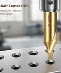 Joyoolife 7-piece A-Type M35 cobalt center drill bit set; close-up of gold-coated HSS bit drilling into metal plate.