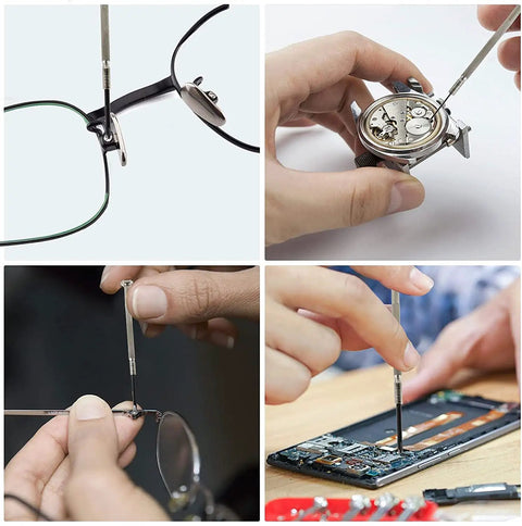 Using 6 Piece Mini Screwdriver Set With Case for repairing eyeglasses, watch, electronics with 6 different size flathead and Phillips screwdrivers