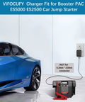19V Charger Power Cord For Booster PAC Jump Starter ES5000 ES2500 UL listed cable plugged into wall outlet, near blue car.