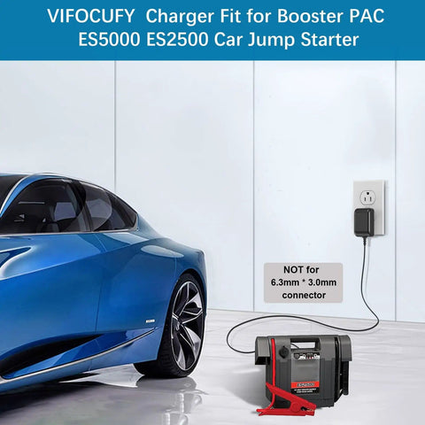 19V Charger Power Cord For Booster PAC Jump Starter ES5000 ES2500 UL listed cable plugged into wall outlet, near blue car.