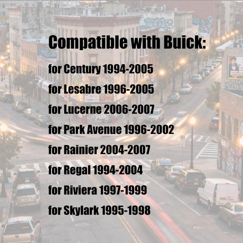 Text listing compatible Buick models and years over an urban street scene.