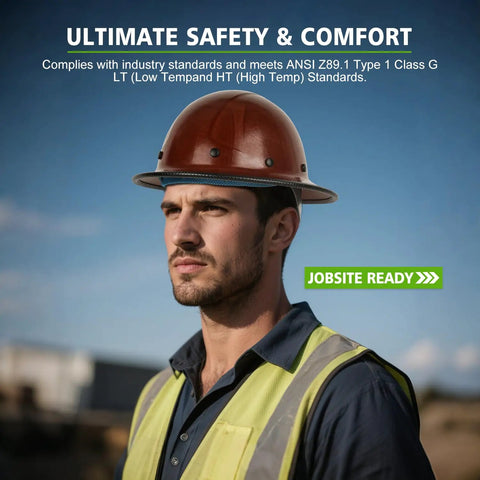 Man wearing Fiberglass Full Brim Hard Hat With Brim Guard, OSHA And ANSI Rated, Lightweight Yet Sturdy Construction Helmet