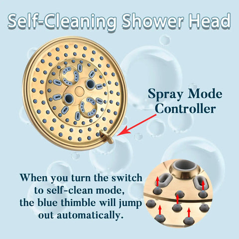 Boss Brushed Gold Shower Faucet Valve Kit For Wall Mounted Shower Fixtures with self-cleaning spray mode controller.