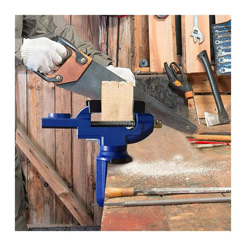 Heavy Duty Universal Bench Vice Machine Vise Clamp For Woodworking And DIY Projects Full Metal Construction With Large Anvil Super Stable Clamping Force Perfect Grip Tools holding a wooden piece while being cut with a saw.
