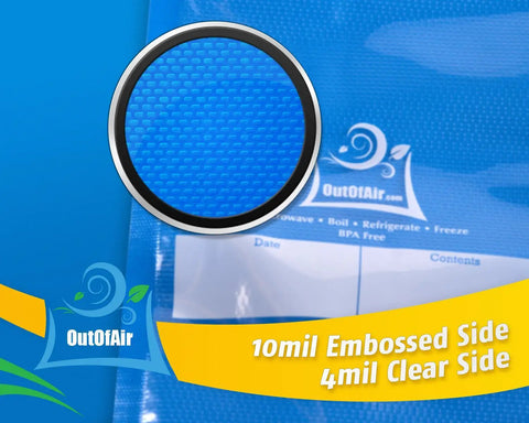 Close-up of Inside Ready Eight And Eleven Inch Heavy Duty Vacuum Sealer Rolls texture and labeling, featuring BPA-free material.