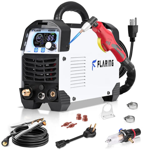 65 Amp Touch Arc Plasma Cutter Pro Grade Beast with digital display, dual voltage, and accessories for metal cutting.