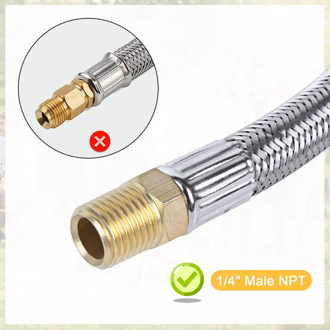 Close-up of 15 Inch RV Propane Hose With Gauge Stainless Steel Braided Camper Tank Line Pigtail with male NPT fitting