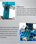 Close-up of Bad Ass Mini Metal Drilling And Milling Machine Slick Benchtop Teaching Press showing milling cutter and clamping pliers.