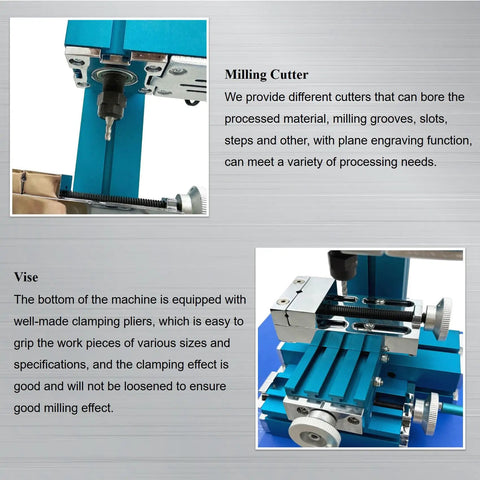 Close-up of Bad Ass Mini Metal Drilling And Milling Machine Slick Benchtop Teaching Press showing milling cutter and clamping pliers.