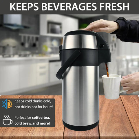 Person pouring coffee from Beast Of A 3 Liter Stainless Steel Coffee Carafe Airpot With Triple Wall Vacuum Insulation in kitchen