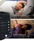 Man waking up and woman sleeping, demonstrating WiFi Smart Track Lighting Kit With Four 28W LED Fixtures with app control on phone.