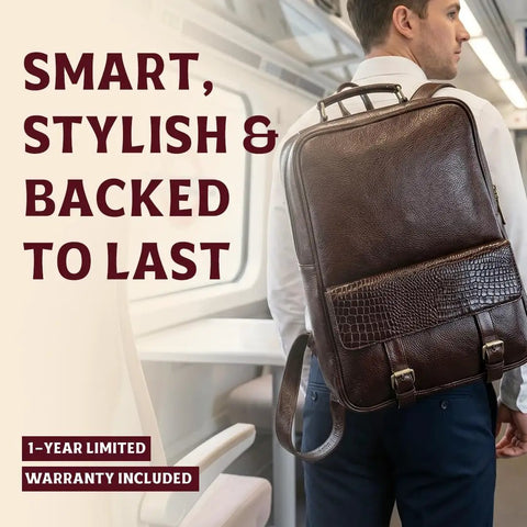 Genuine Burgundy Leather Laptop Backpack For Work And Travel On The Go, 15.6 Inch Pro Grade Office Bag on man's shoulder in train
