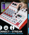 User inserting USB into MW6 White 6 Channel Pro DJ Audio Mixer Portable Controller USB DSP With 99 Preset Effects For Go To Live Streaming