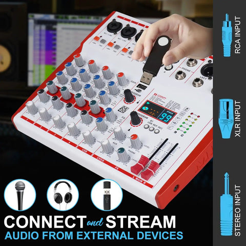 User inserting USB into MW6 White 6 Channel Pro DJ Audio Mixer Portable Controller USB DSP With 99 Preset Effects For Go To Live Streaming