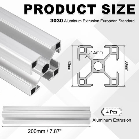 Diagram of 3030 Aluminum Extrusion Profile Kit 4 Pcs 200mm European Standard Anodized Linear Rail with measurements and profiles.