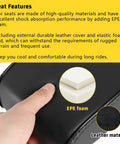 Close-up of mini bike seat with cushioned EPE foam and black leather for Predator 79Cc 97Cc 98Cc 100Cc engines, showing material details.