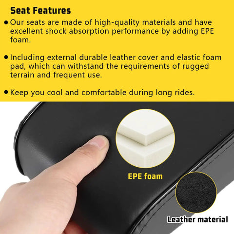 Close-up of mini bike seat with cushioned EPE foam and black leather for Predator 79Cc 97Cc 98Cc 100Cc engines, showing material details.