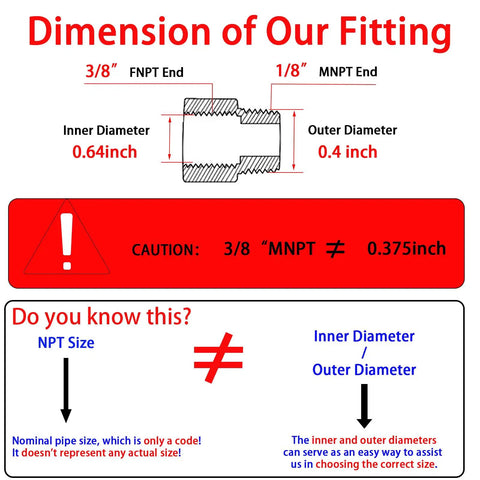 Diagram showing dimensions for One Eighth Inch Male To Three Eighth Inch Female NPT Brass Pipe Fitting Reducer Adapters with inner and outer diameters.