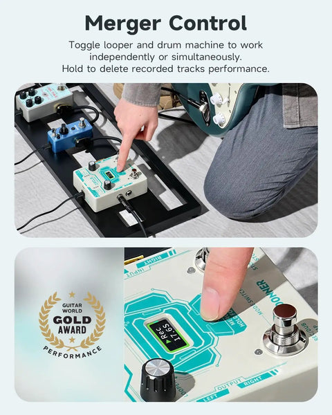 Circle Looper Pedal Drum Machine 2 In 1 Dual Loop Studio Pedal for Guitar stereo output with finger pressing button.